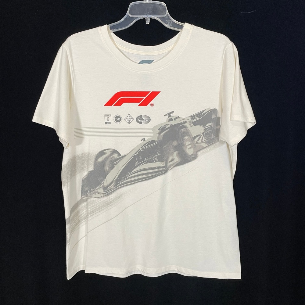 Formula 1 F1 Racing Graphic T-Shirt Mens Cream Hybrid Apparel Short Sleeve L